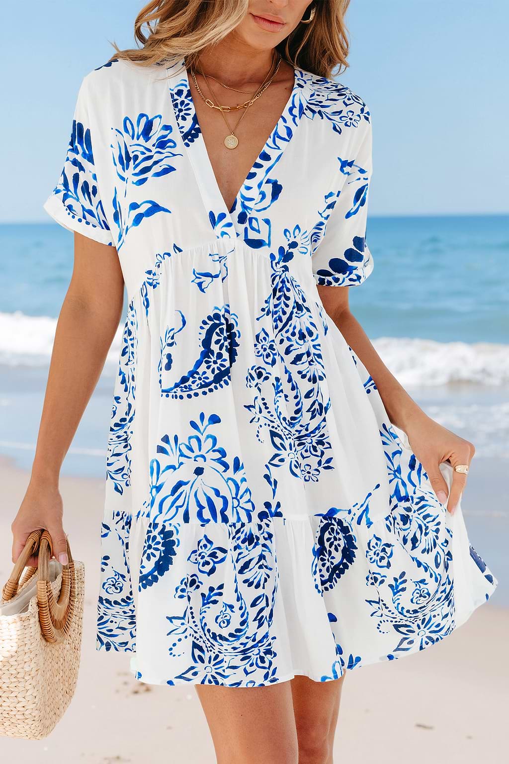 White Paisley V-Neck Cover-Up Mini Dress