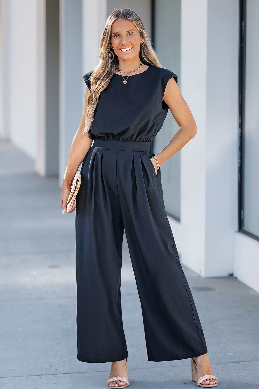 Marineblauer ärmelloser Rundhals-Jumpsuit mit geradem Bein