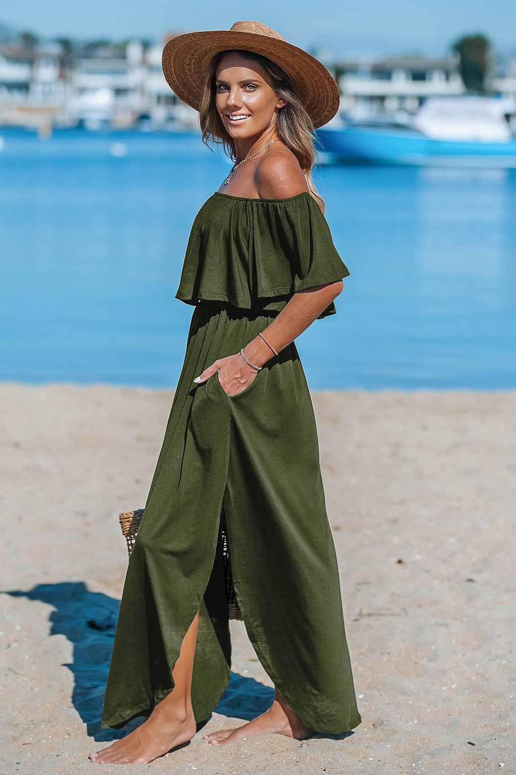 Robe longue olive sans manches