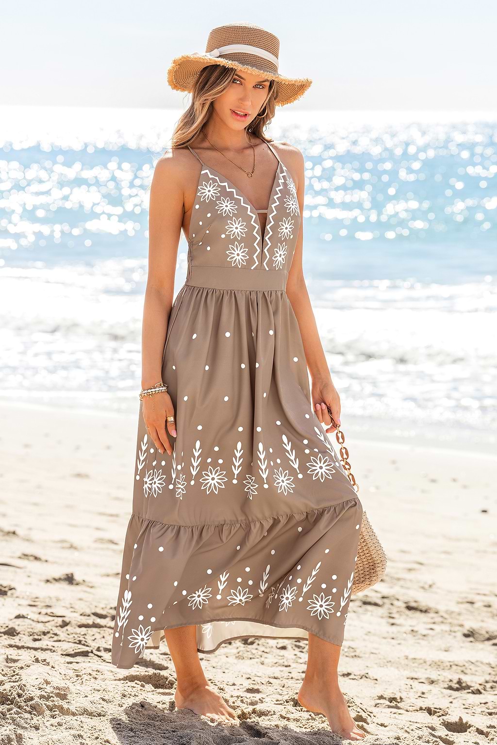 Cool Sands Plunging Ruffled Hem Midi Dress