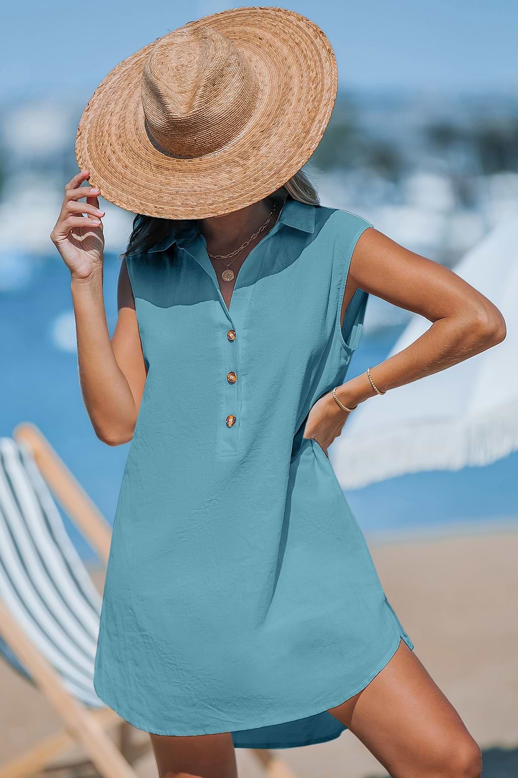 Mini-Strandkleid in Blaugrün mit Knopfleiste