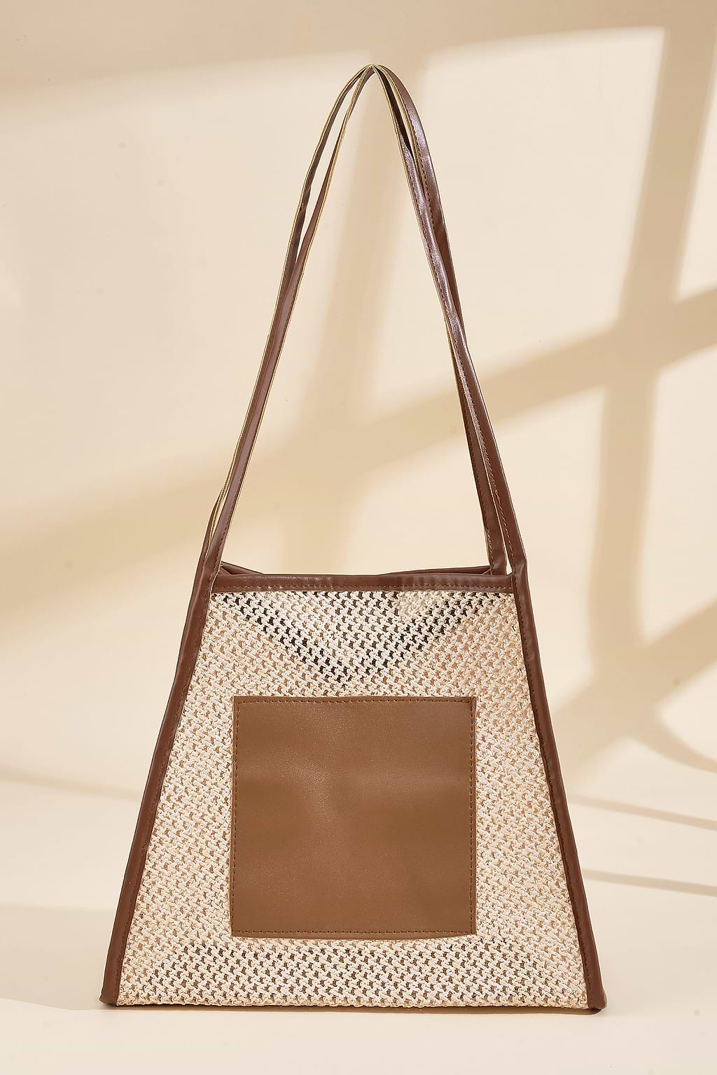 Straw & Faux Leather Tote Bag
