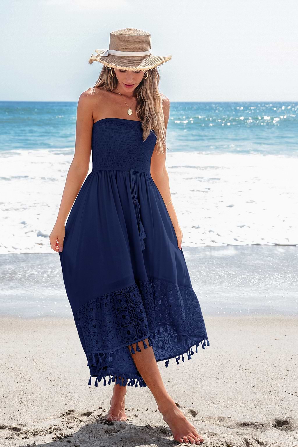 Marineblaues Ärmelloses Midikleid mit Kontrastspitze