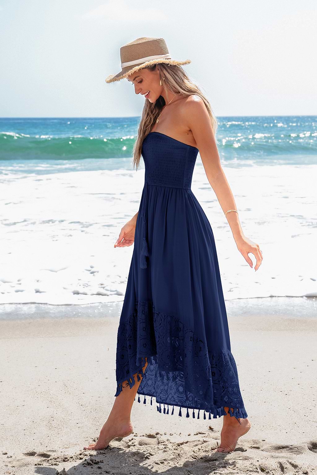 Marineblaues Ärmelloses Midikleid mit Kontrastspitze