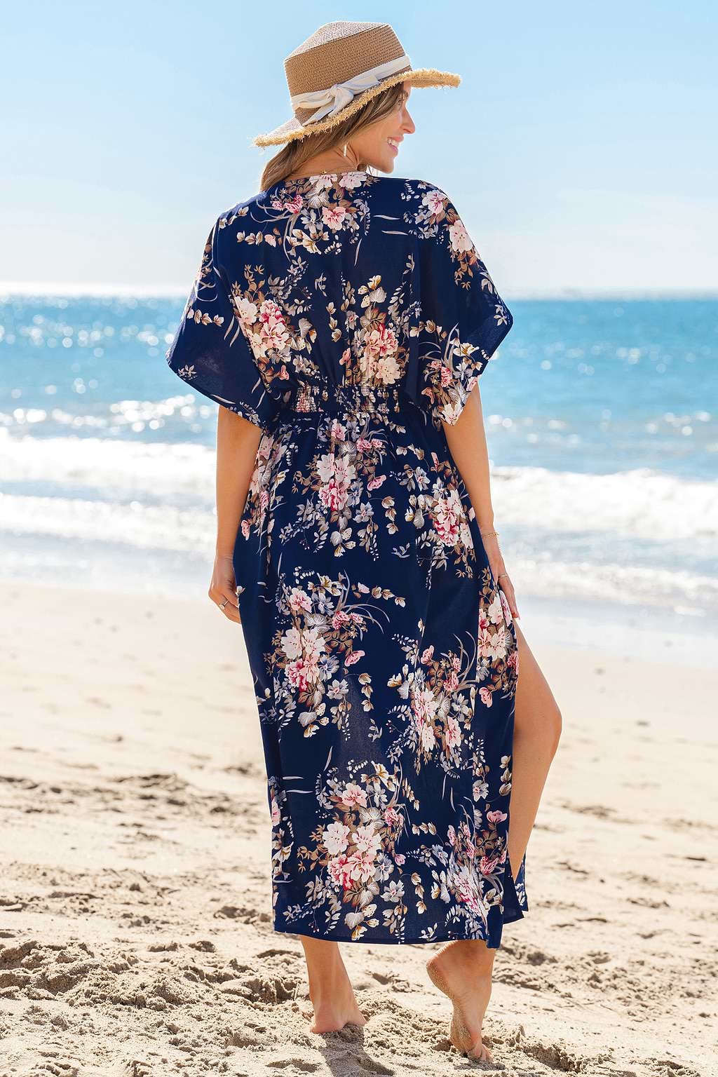 Robe longue florale tissée taille cintrée