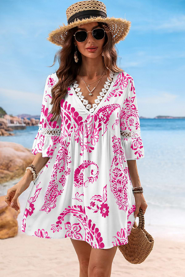 flower dress orange Boho Floral Ruffle Mini Dress  V-Neck Batwing Sleeve A-Line Dress Women's Boho Fashion in Orange | S