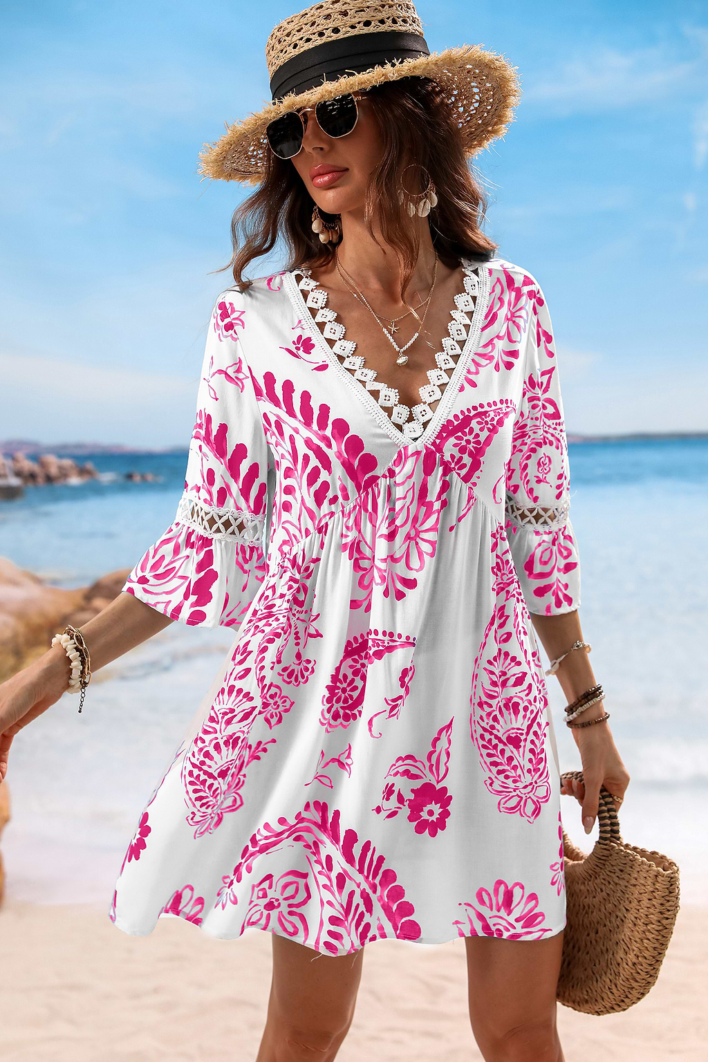 Minivestido pareo con estampado paisley en rosa rubor