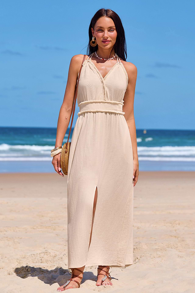 Rough Around the Edges Beige Maxi Dress