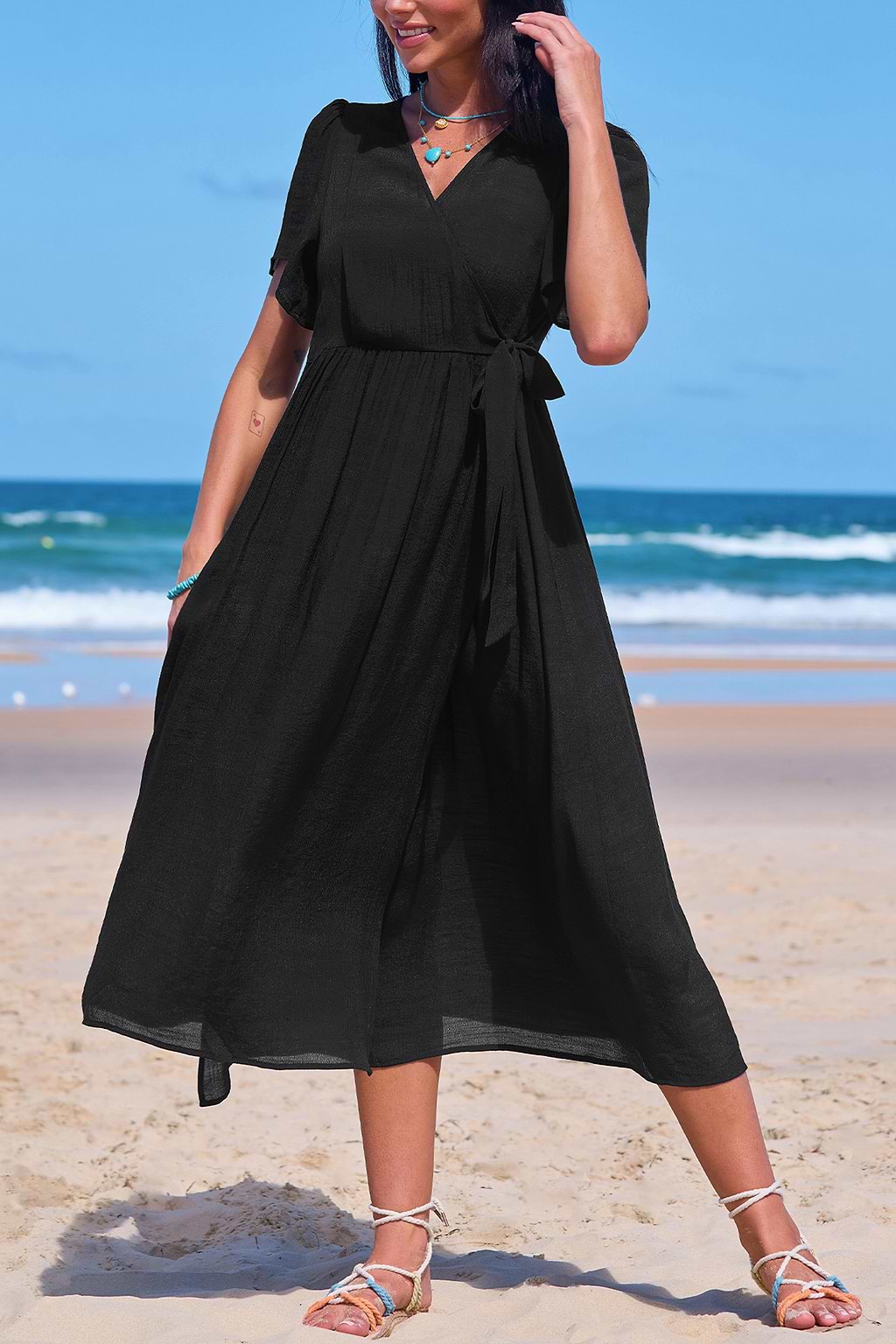 Swaying Tides Black Cover-Up Midi Dress