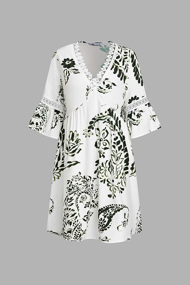Vacation Dress| Green Paisley V-Neck Mini Dress - White - M