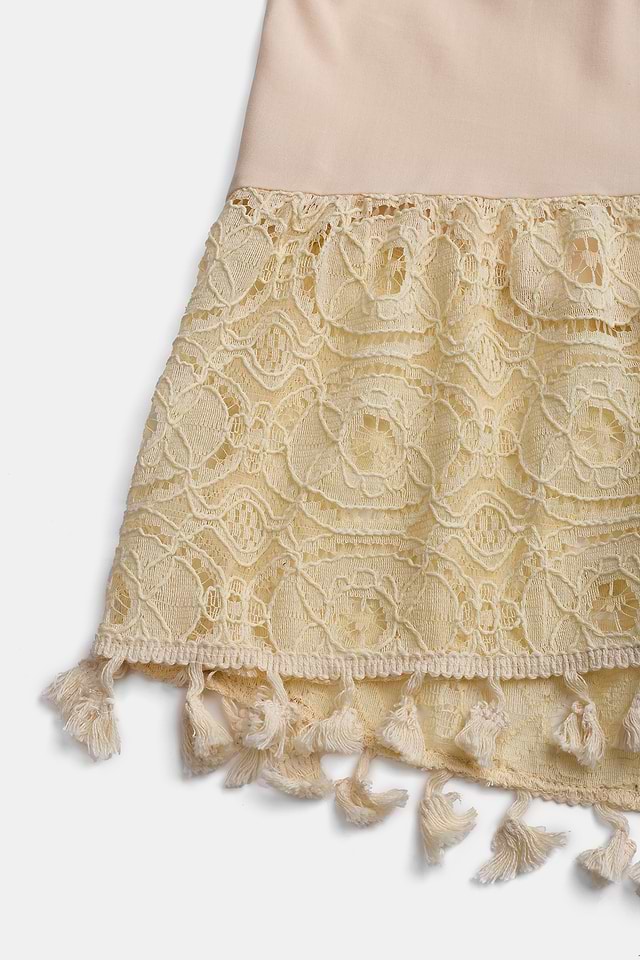 Beige Lace & Tassel Sleeveless Midi Dress