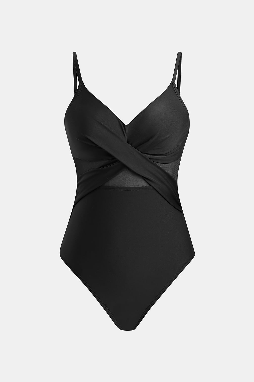 Solid Mesh Wrap Front Cutout Black One Piece Swimsuit