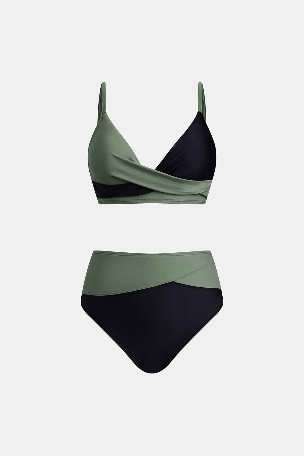 Black & Eucalyptus Wrapped Bikini Top & High-Rise Bottoms Set