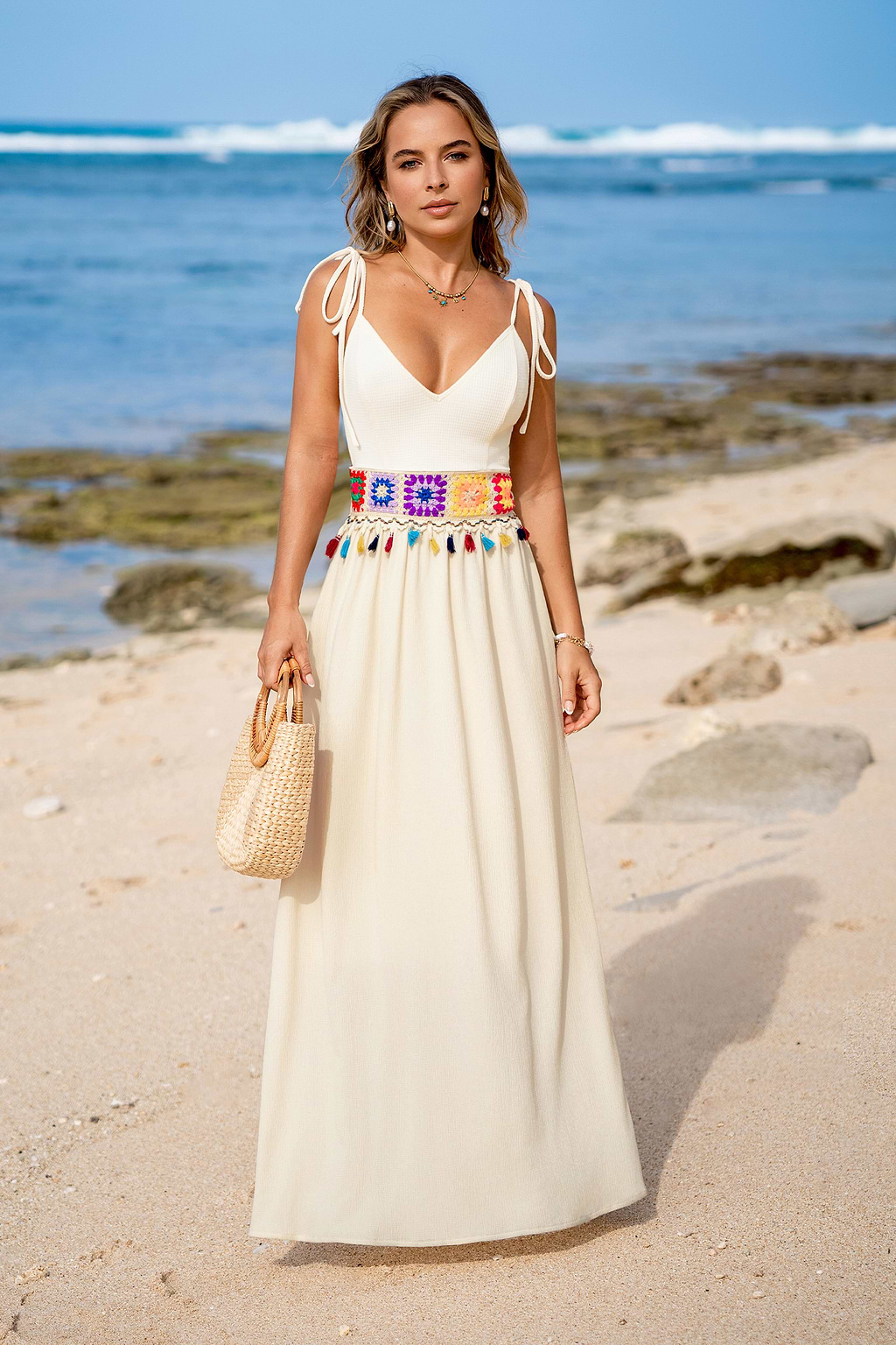 Woven Waves Beige Midi Dress