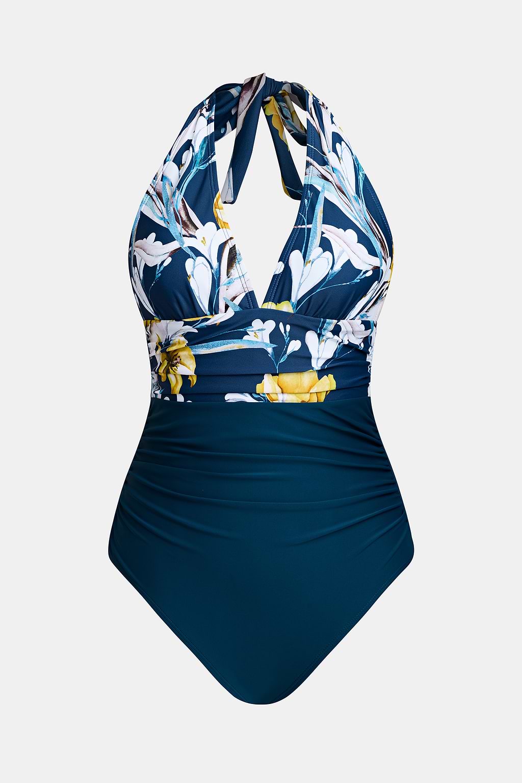 Ruched Halter Blue One Piece Swimsuit
