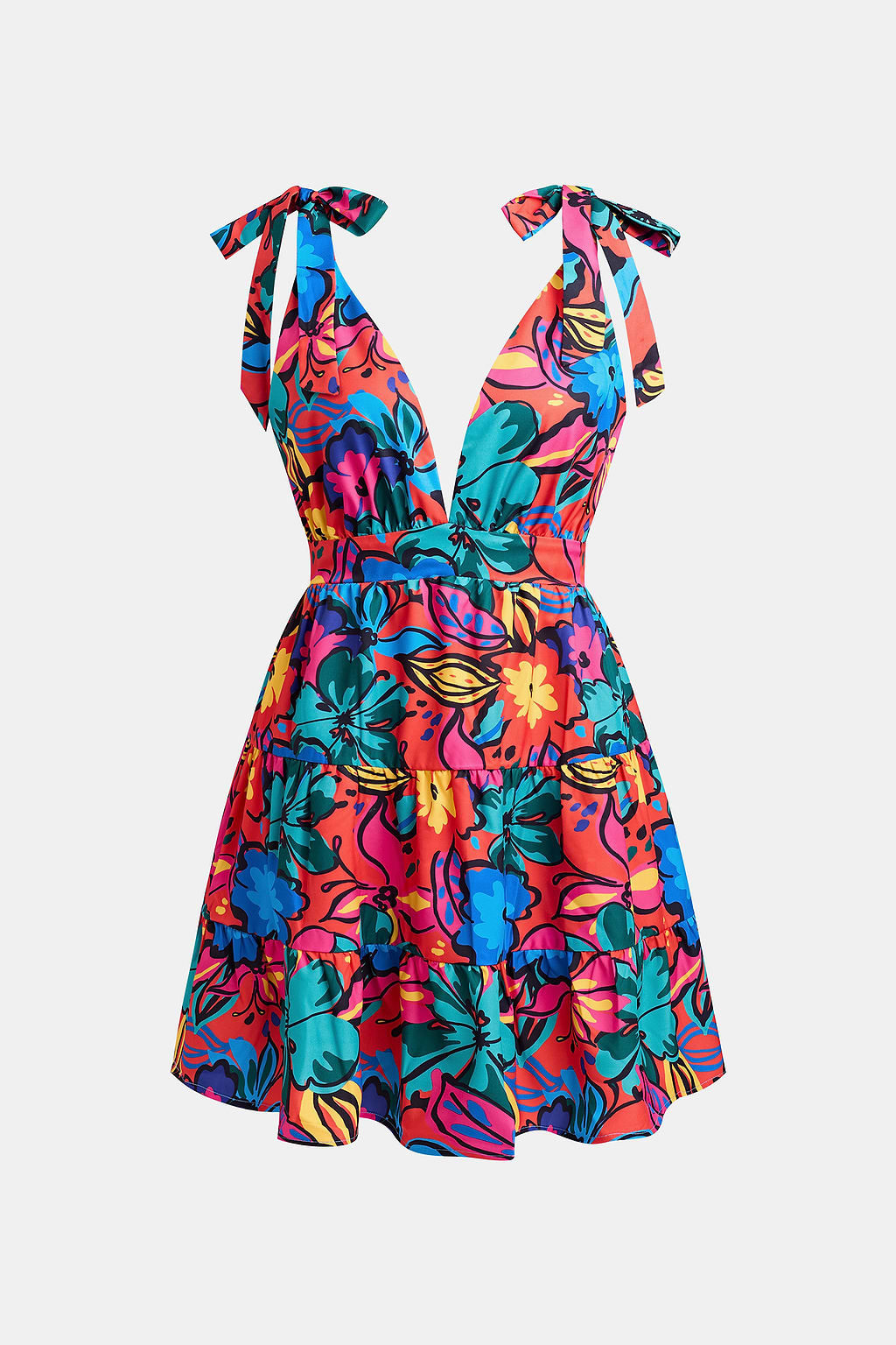 Vibrant Floral Print Tie Strap Mini Dress