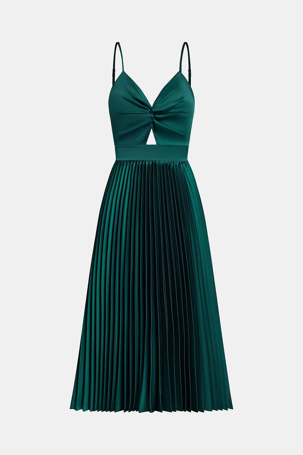Vestido largo verde de satén con escote corazón  nudo y abertura.