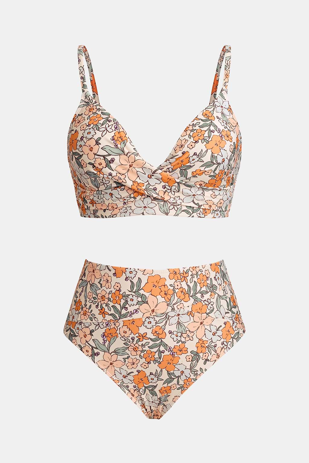 Floral Print Twist Bralette & Spliced High Waist Bikini Set