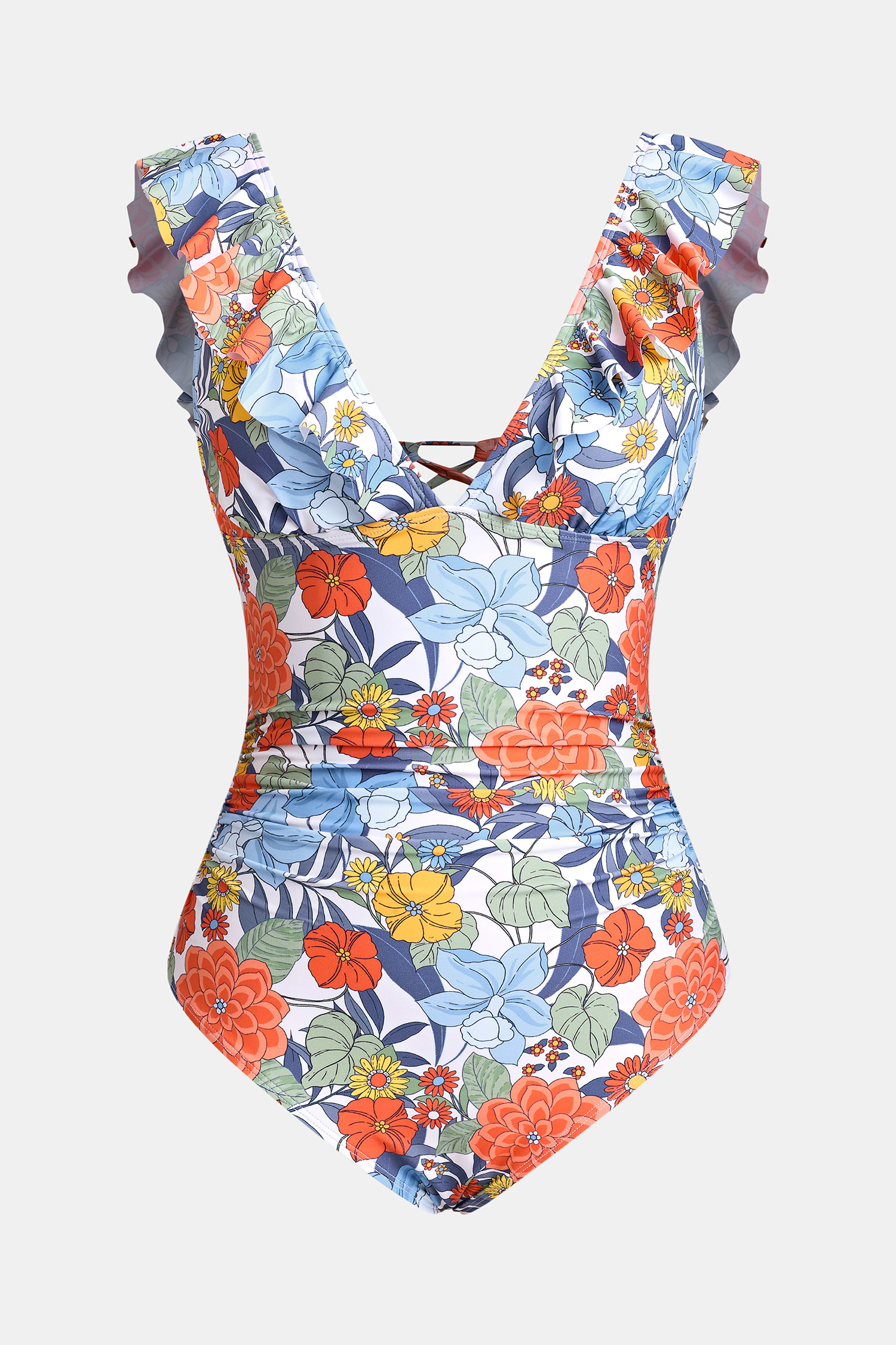 Floral Plunging Flutter Strap Tummy Control One-Piece
