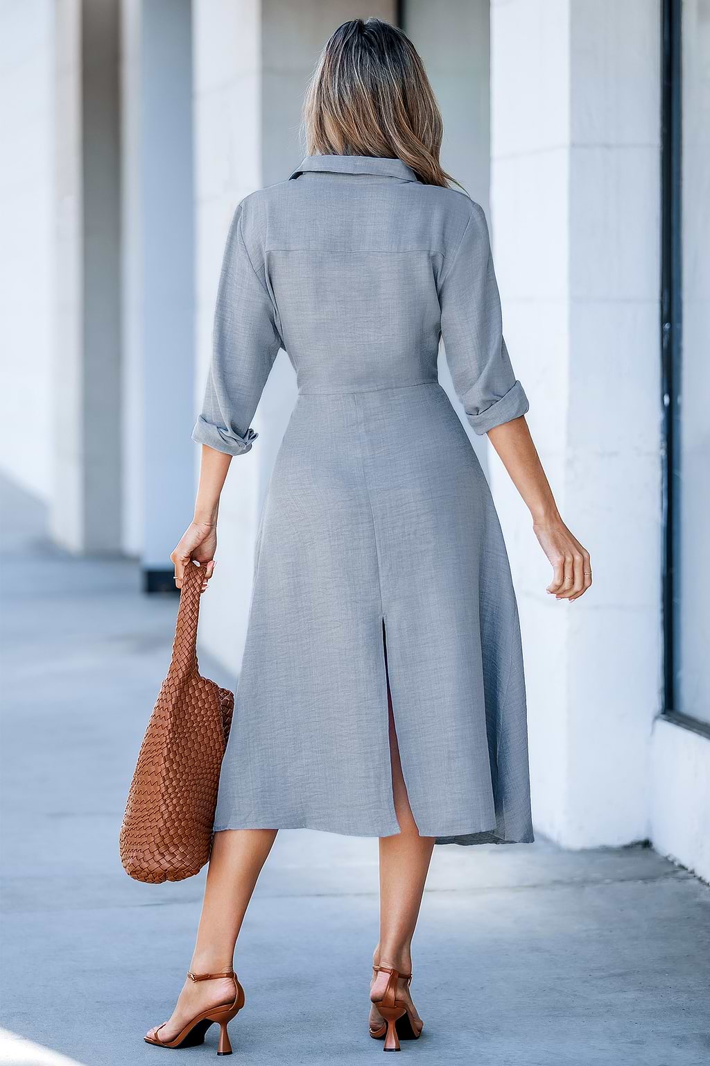 Grey Collared Long Sleeve Midi Shirt Dress