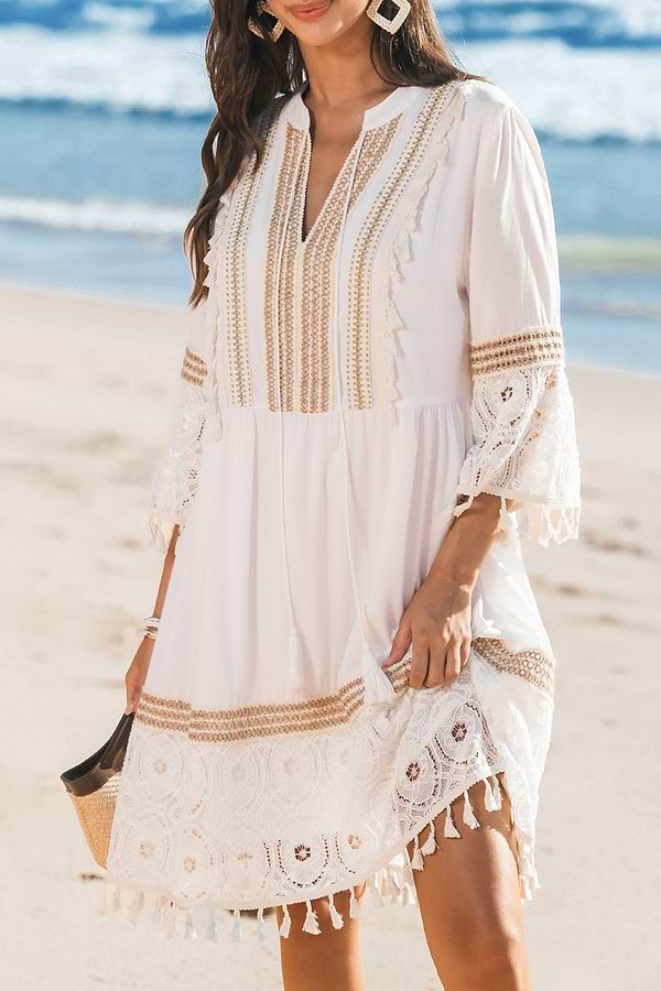 Lace & Tassels White Mini Dress