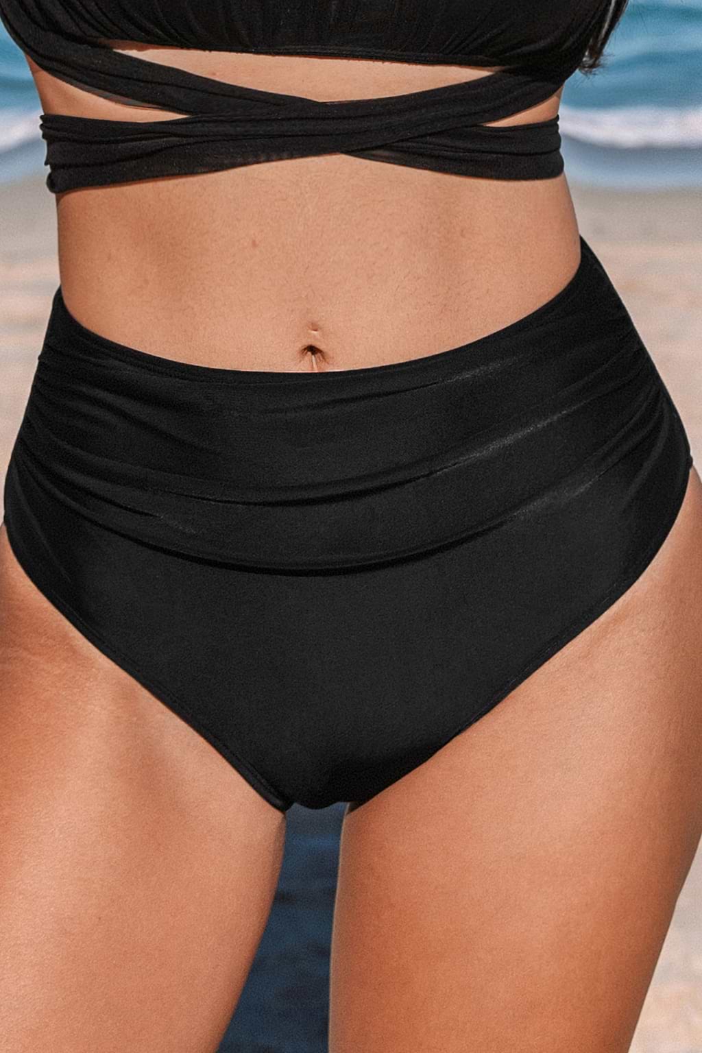 Black Shirred High-Rise Bikini Bottoms
