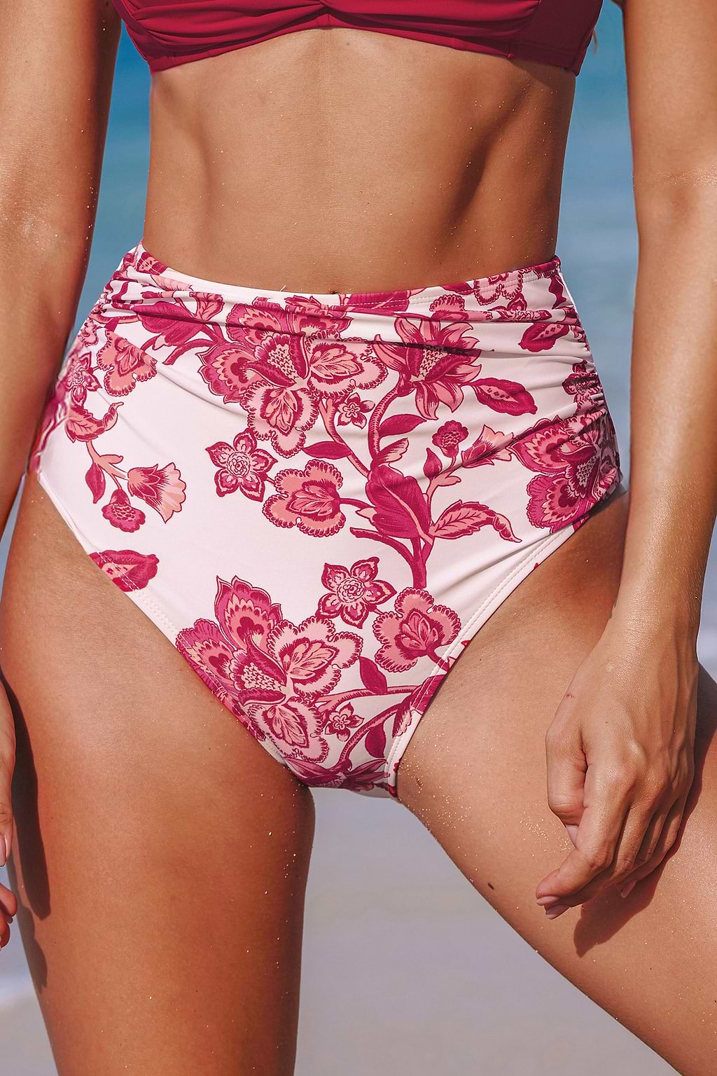 Paisley Ruched High-Rise Bikini Bottoms