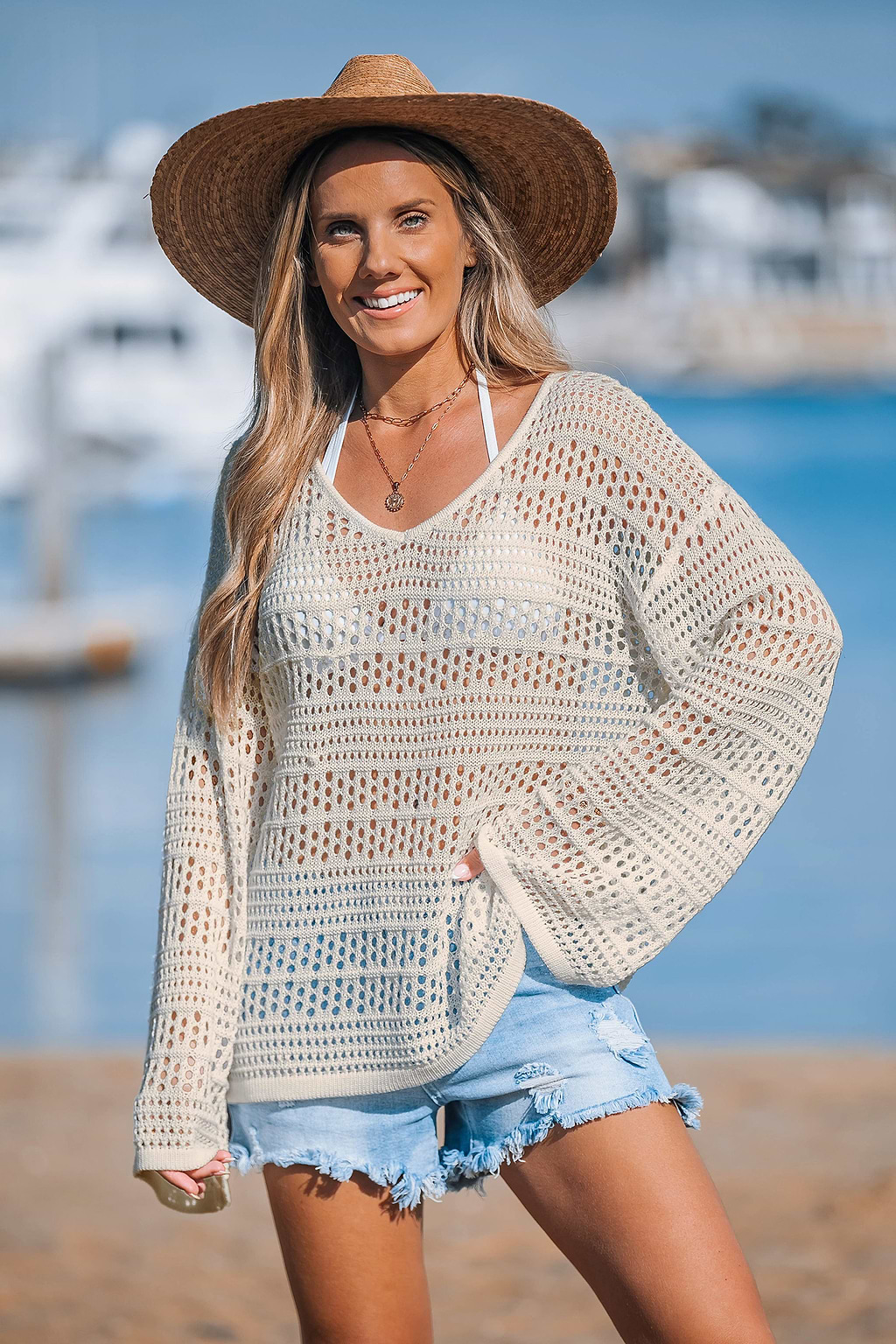 Beiges V-Ausschnitt Strick-Strandtop