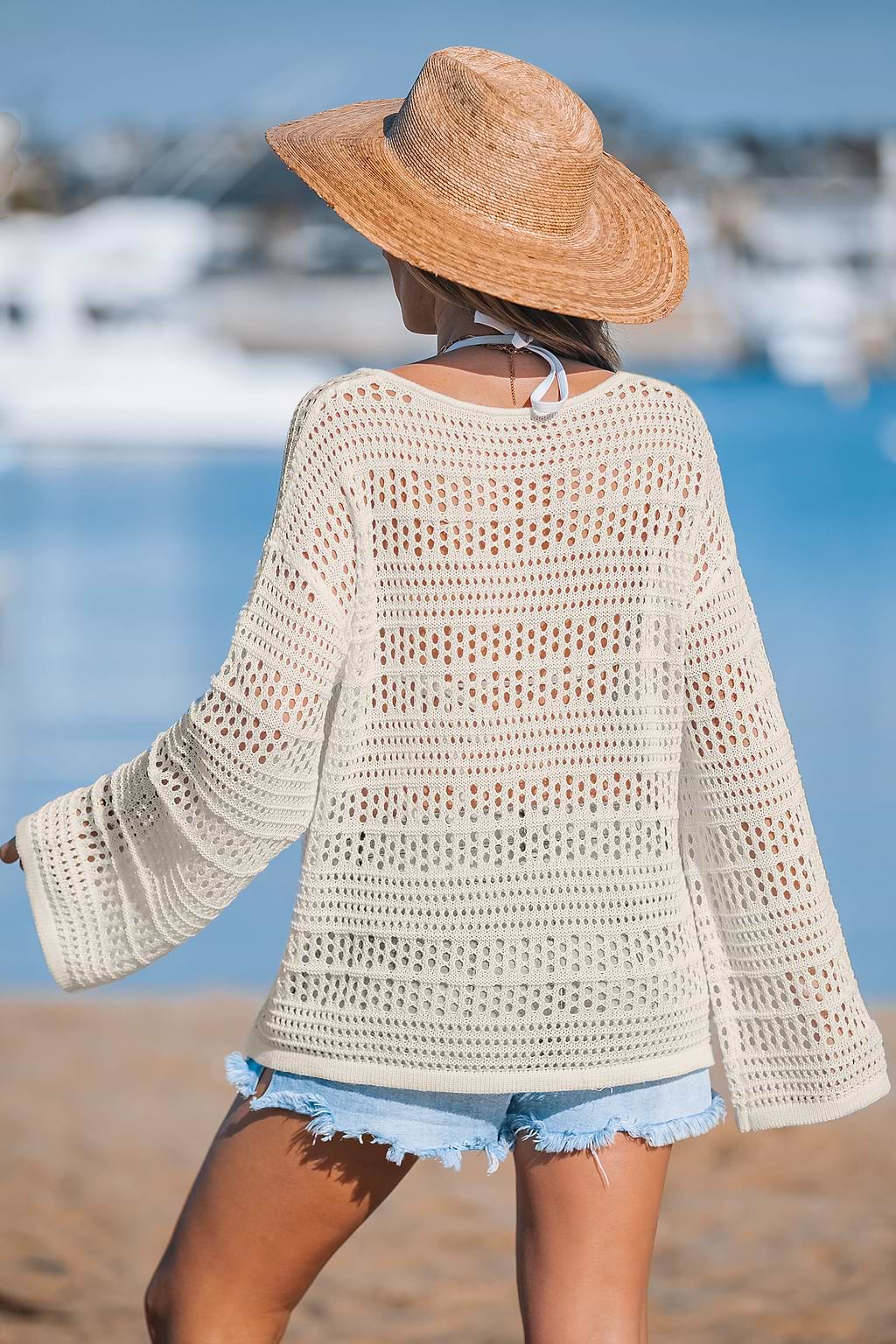 Beiges V-Ausschnitt Strick-Strandtop