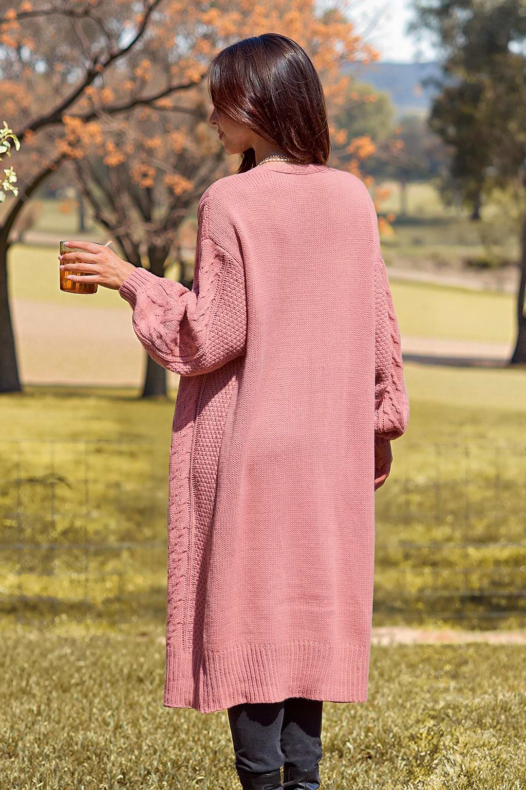 Halloween Coral Open Front Long Sleeve Cable Knit Longline Cardigan