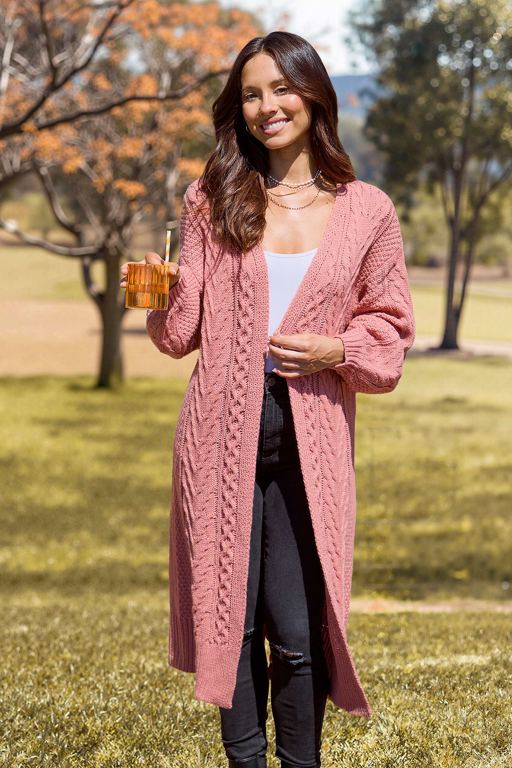 Halloween Coral Open Front Long Sleeve Cable Knit Longline Cardigan