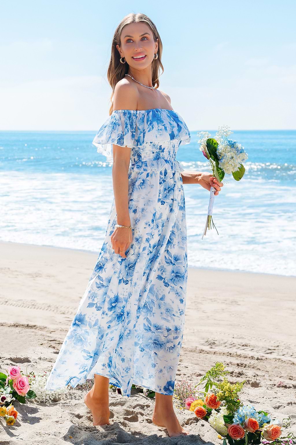 Robe longue florale épaule dénudée