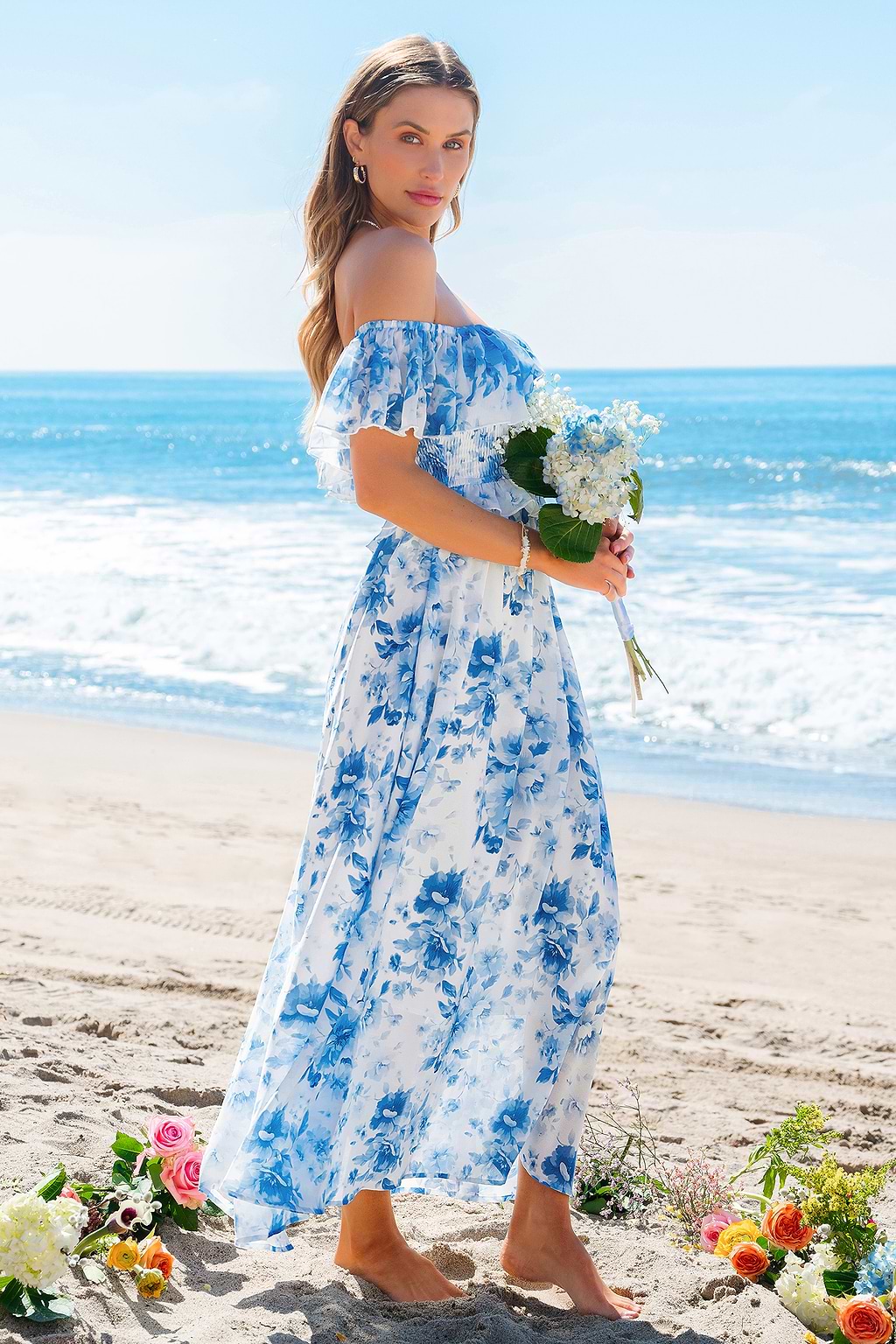 Robe longue florale épaule dénudée