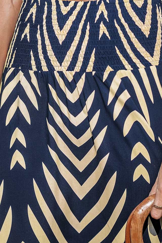 Navy Abstract Smocked Waist Midi Skirt