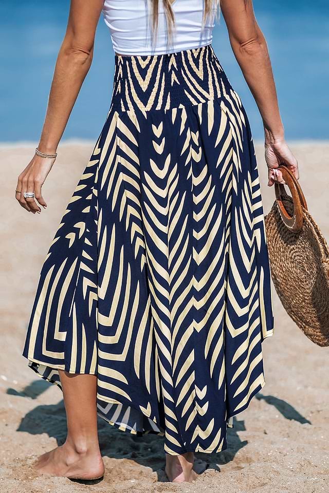 Navy Abstract Smocked Waist Midi Skirt