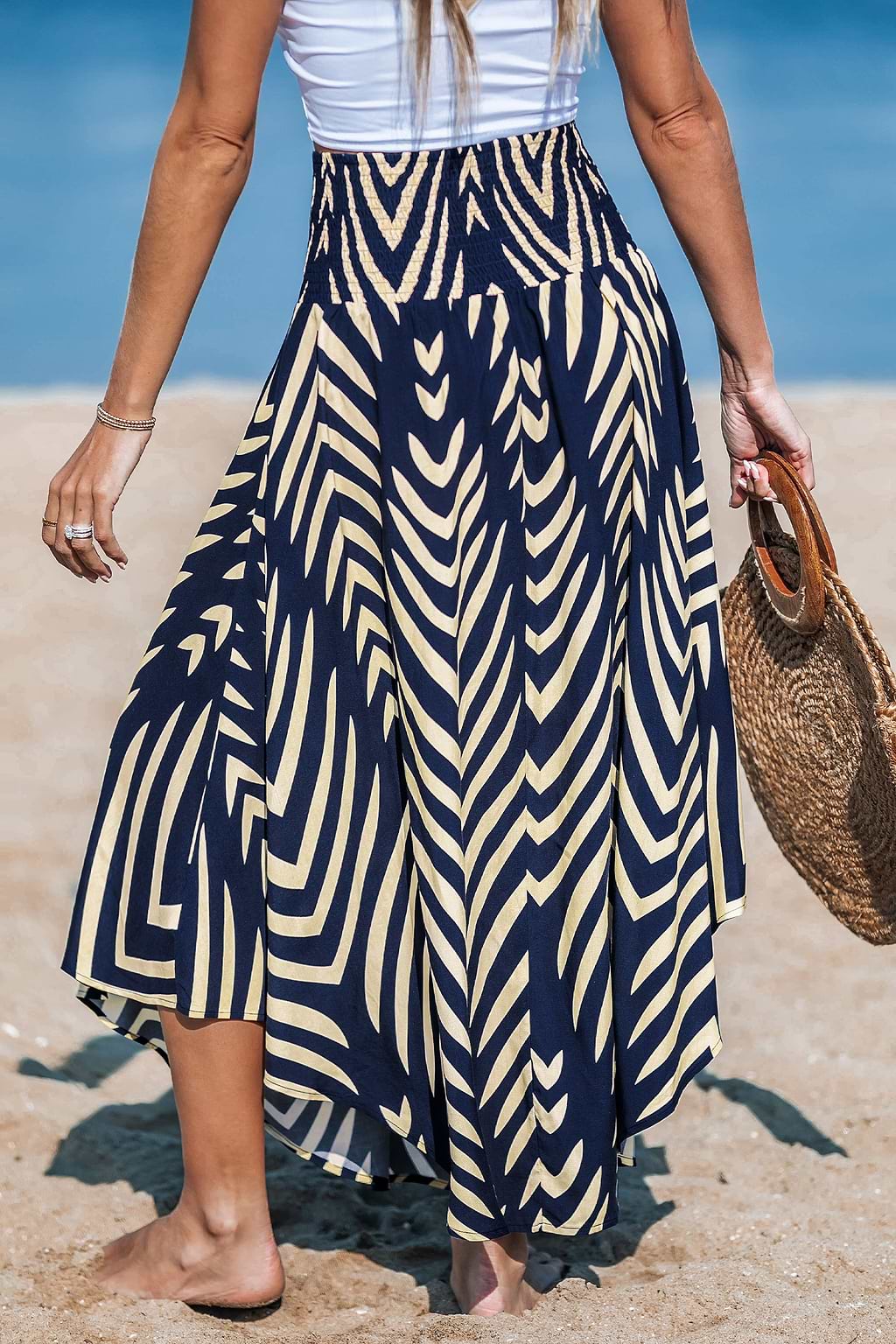 Navy Abstract Smocked Waist Midi Skirt