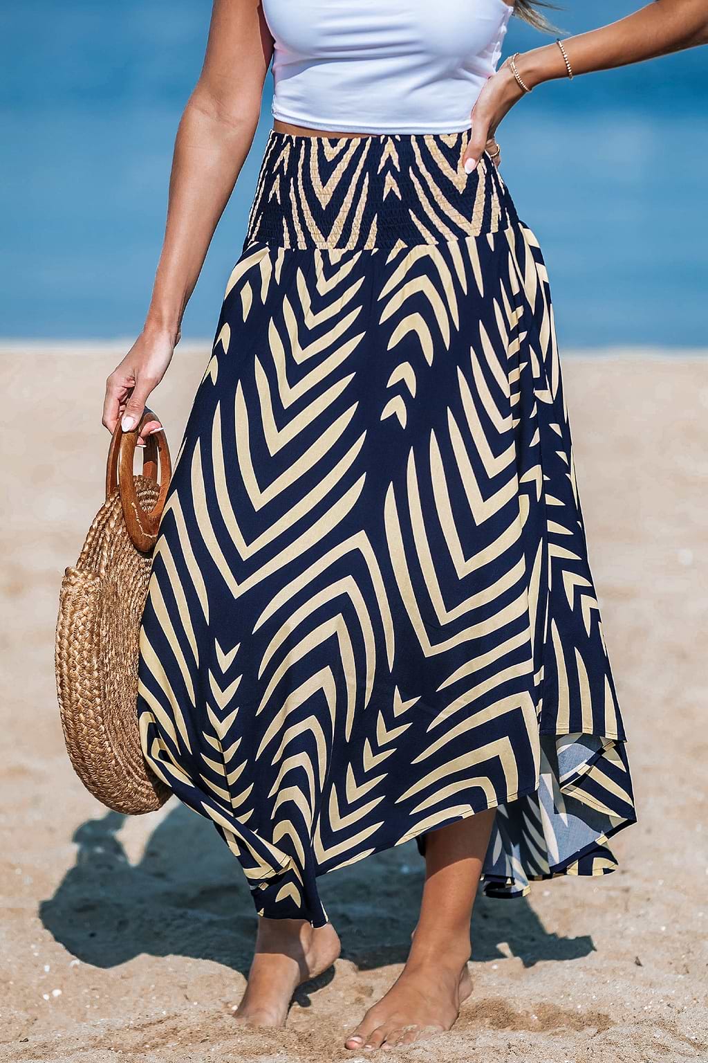 Navy Abstract Smocked Waist Midi Skirt