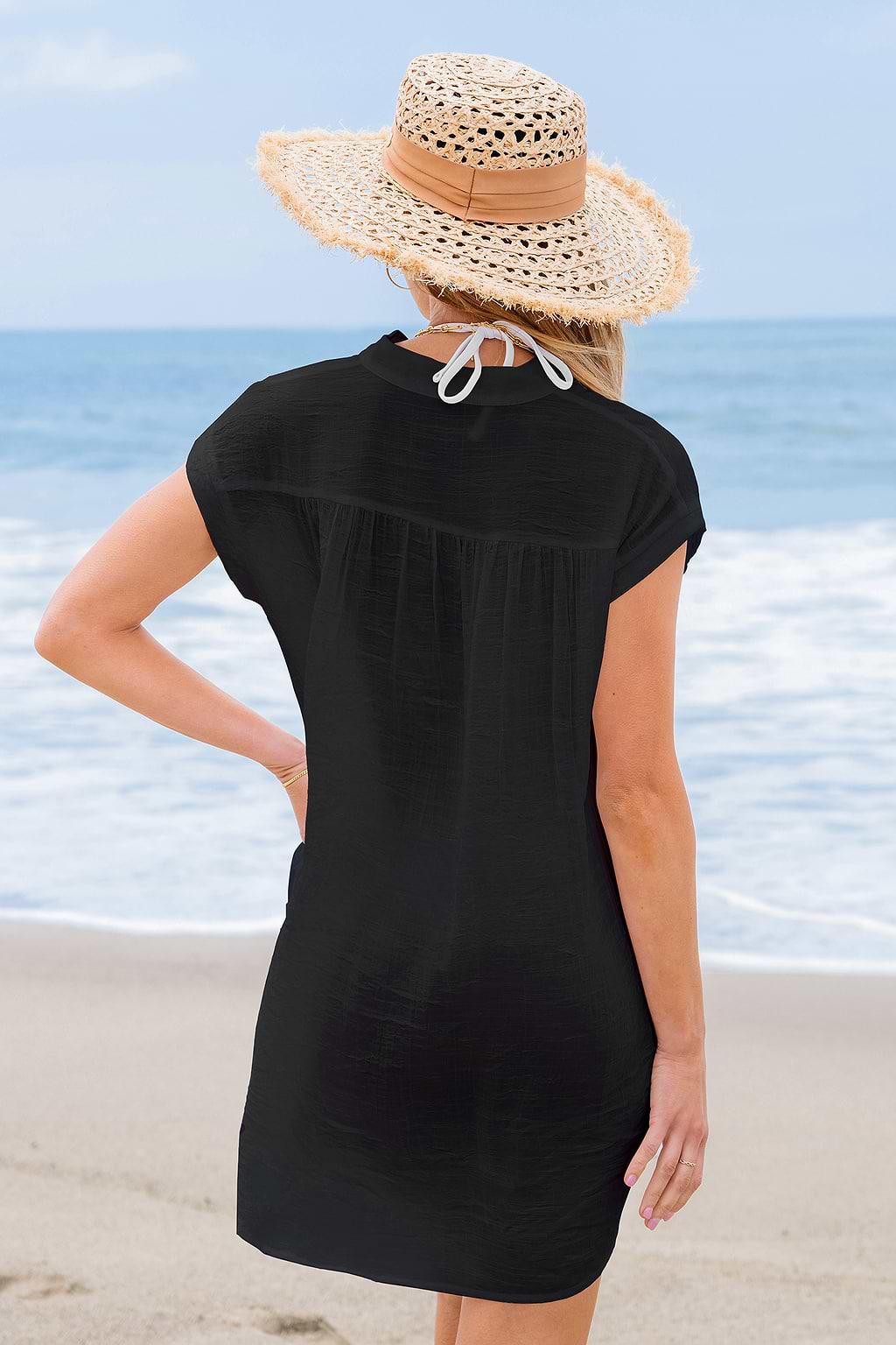 Crisp Linens Black Cover-Up Mini Dress