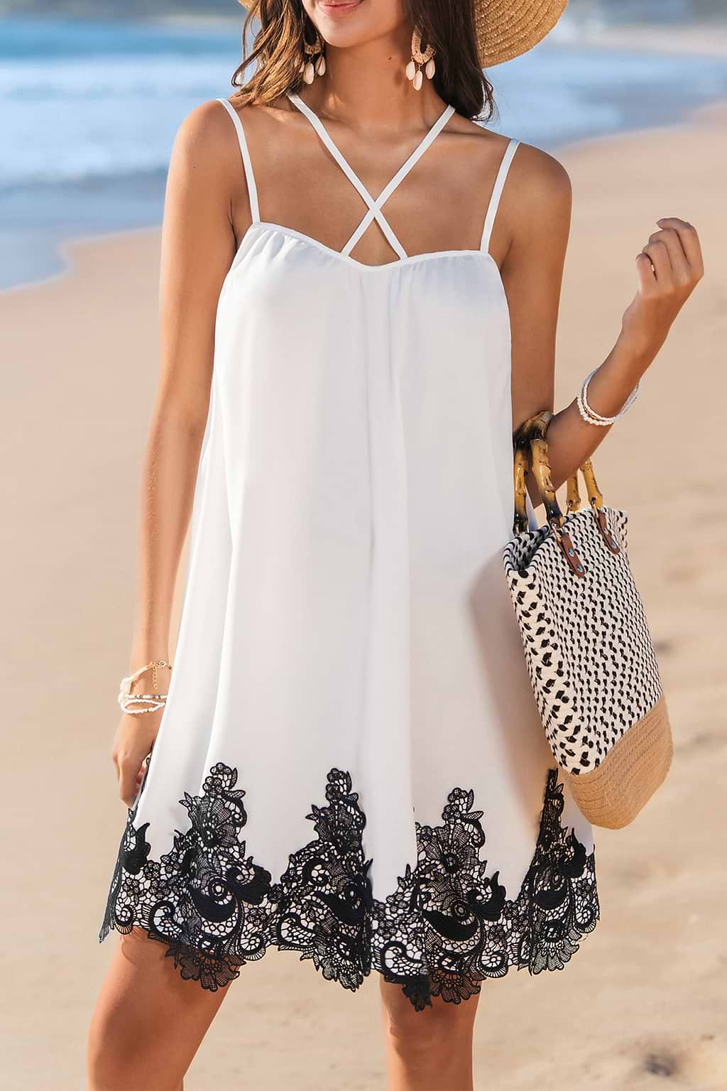 White Sleeveless Lace Trim Cover-Up Mini Dress