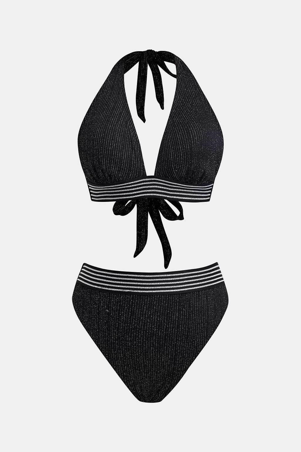 Schwarzes Tiefer Ausschnitt Neckholder-Bikini-Set