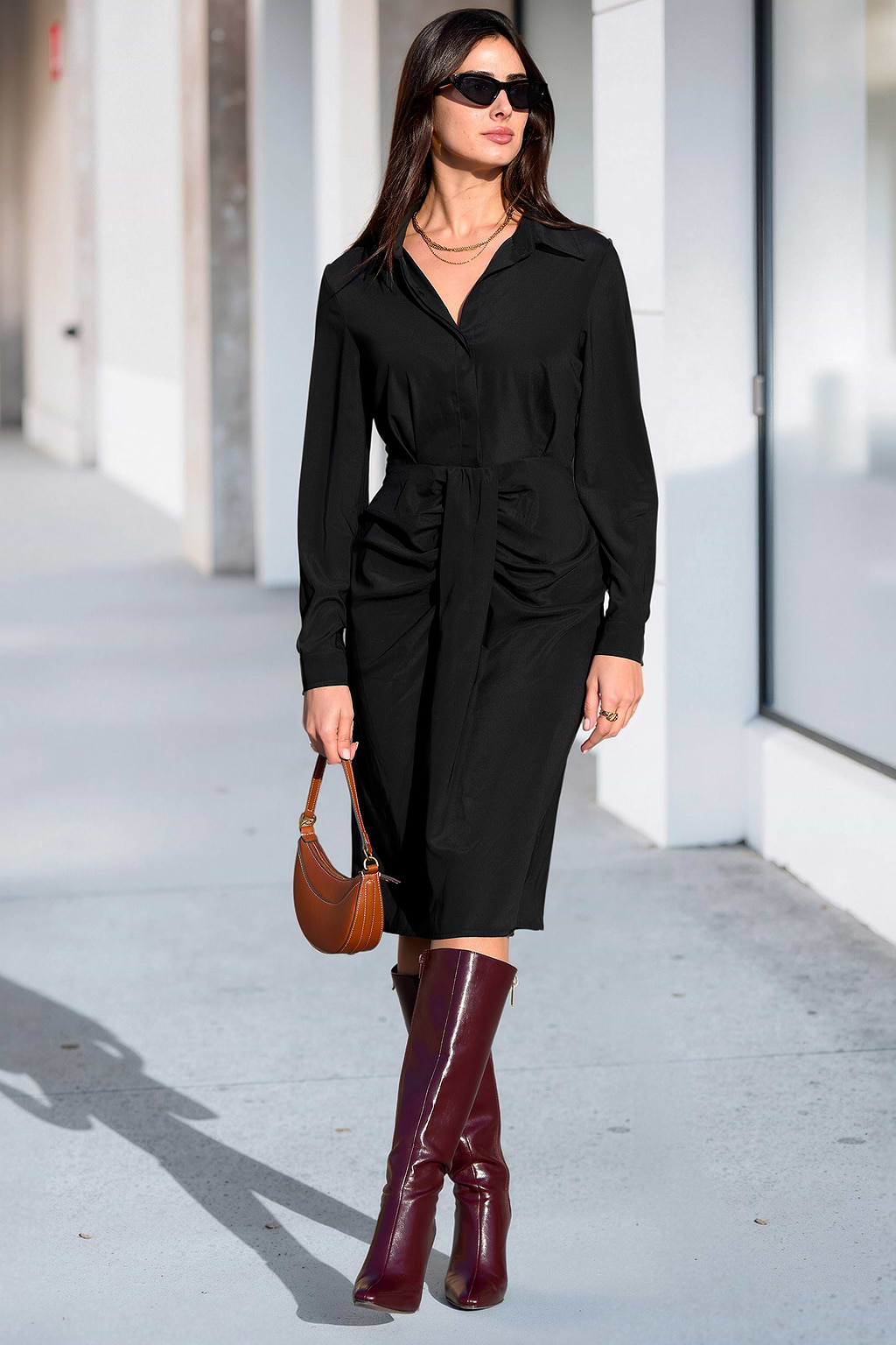 Black Collared Ruched Midi Dress