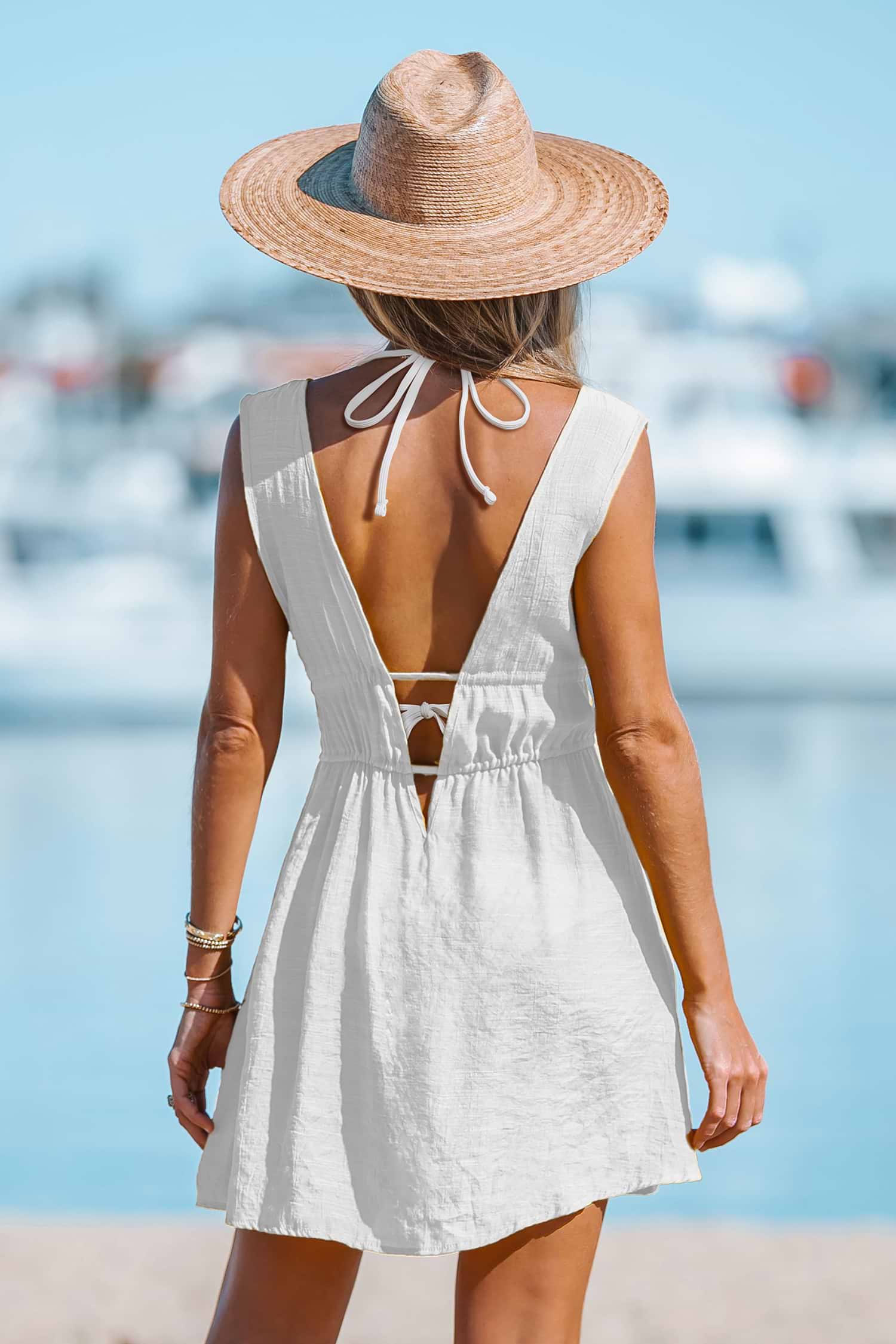 【CUPSHE】 ホワイト カバーアップ ミニワンピ White Plunging Cover-Up Mini Dress