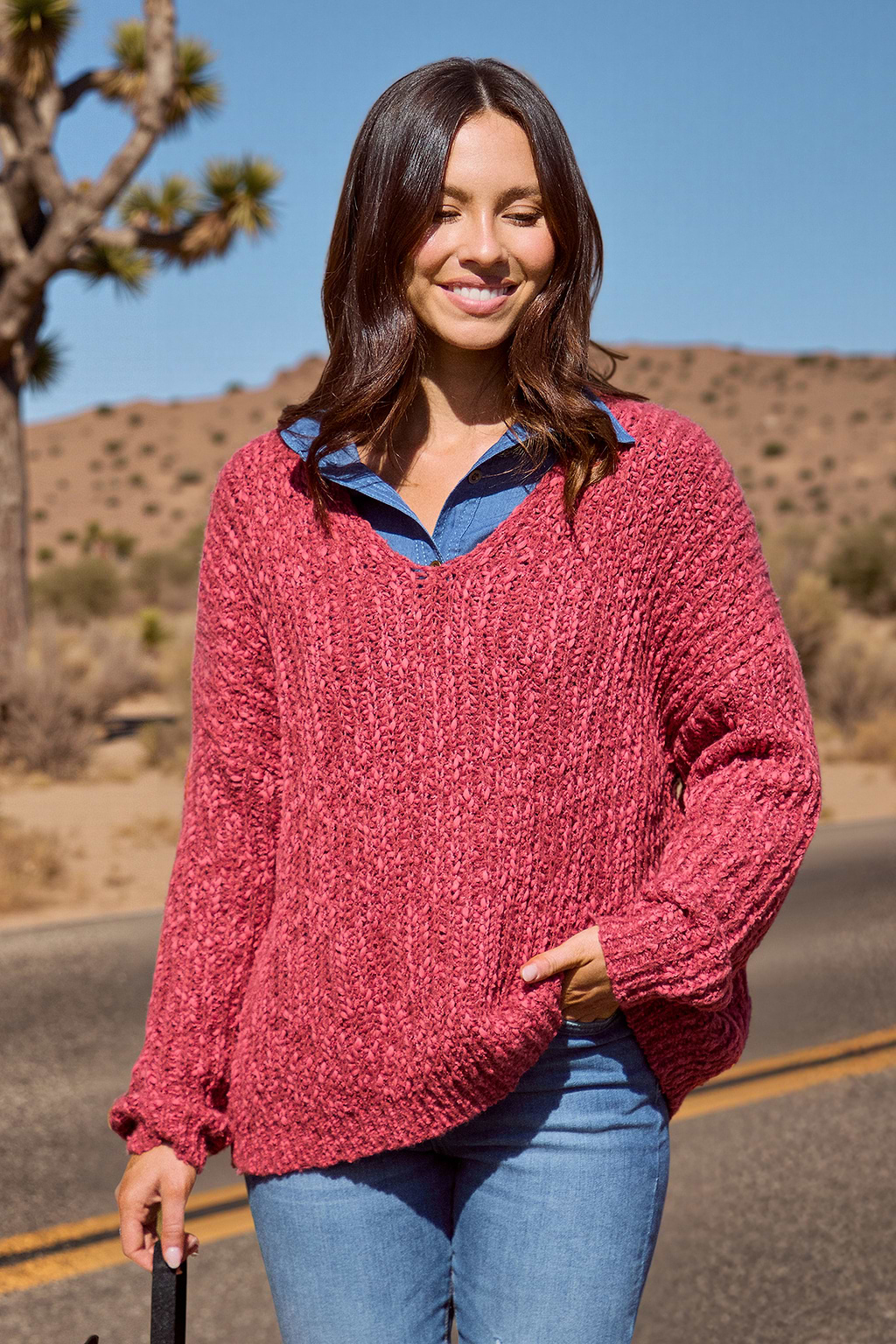 Burgundy V-Neck Puff Sleeve Sweater