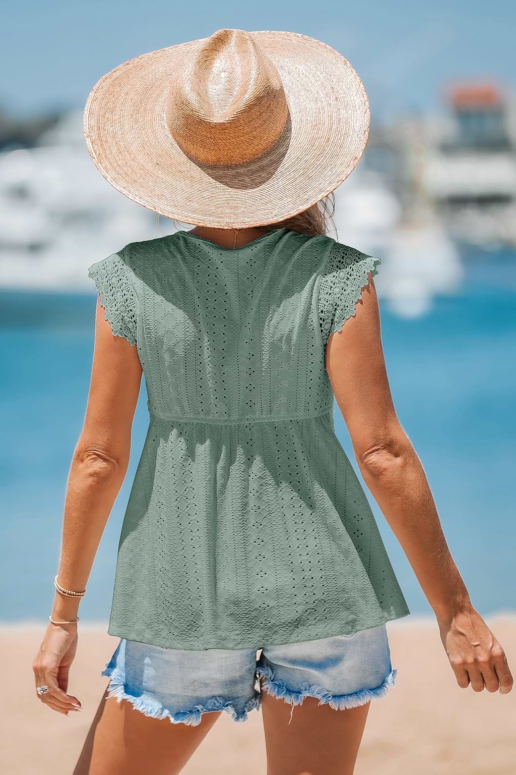 Green Eyelet V-Neck Top
