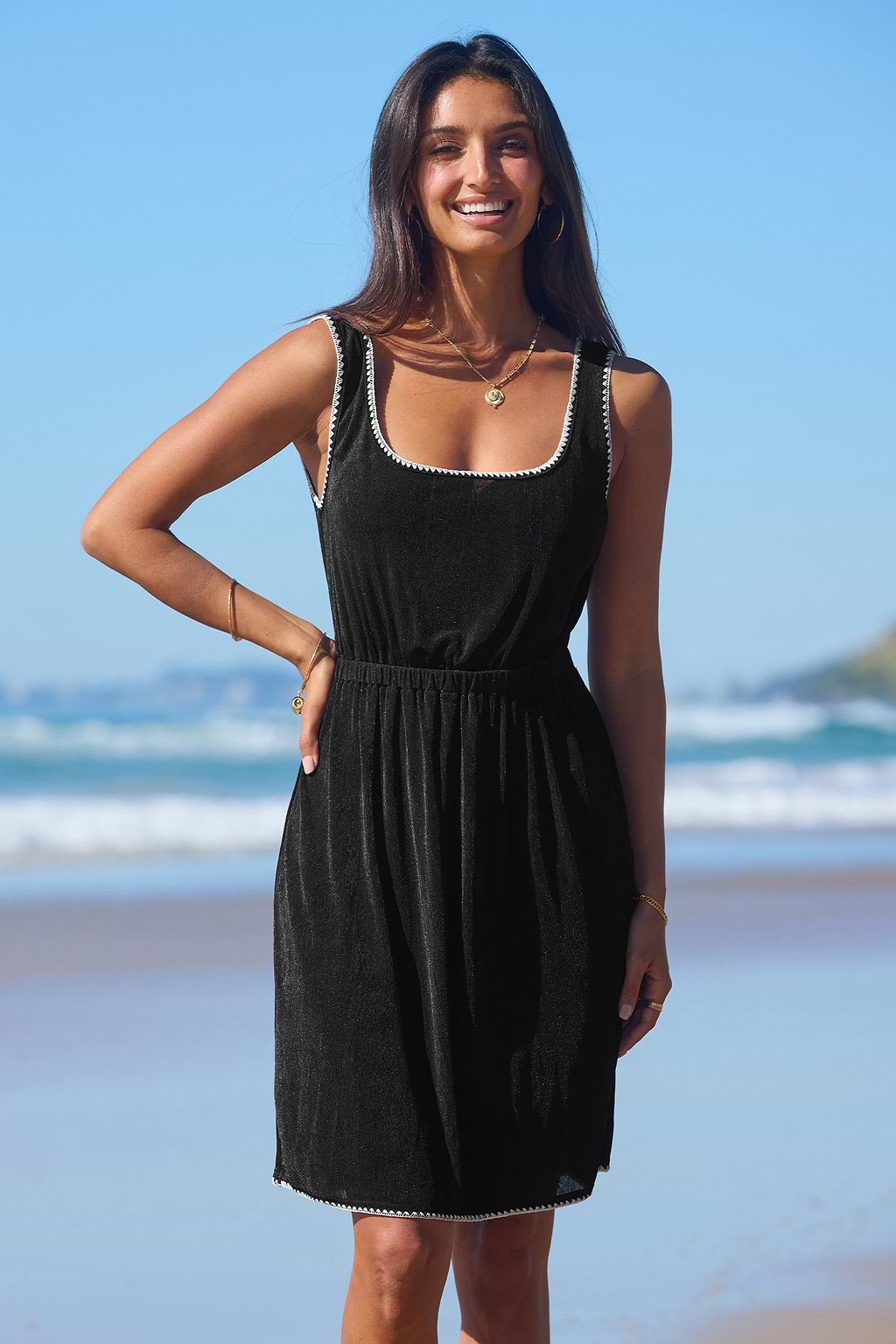 Schwarzes Ärmelloses Midi-Strandkleid