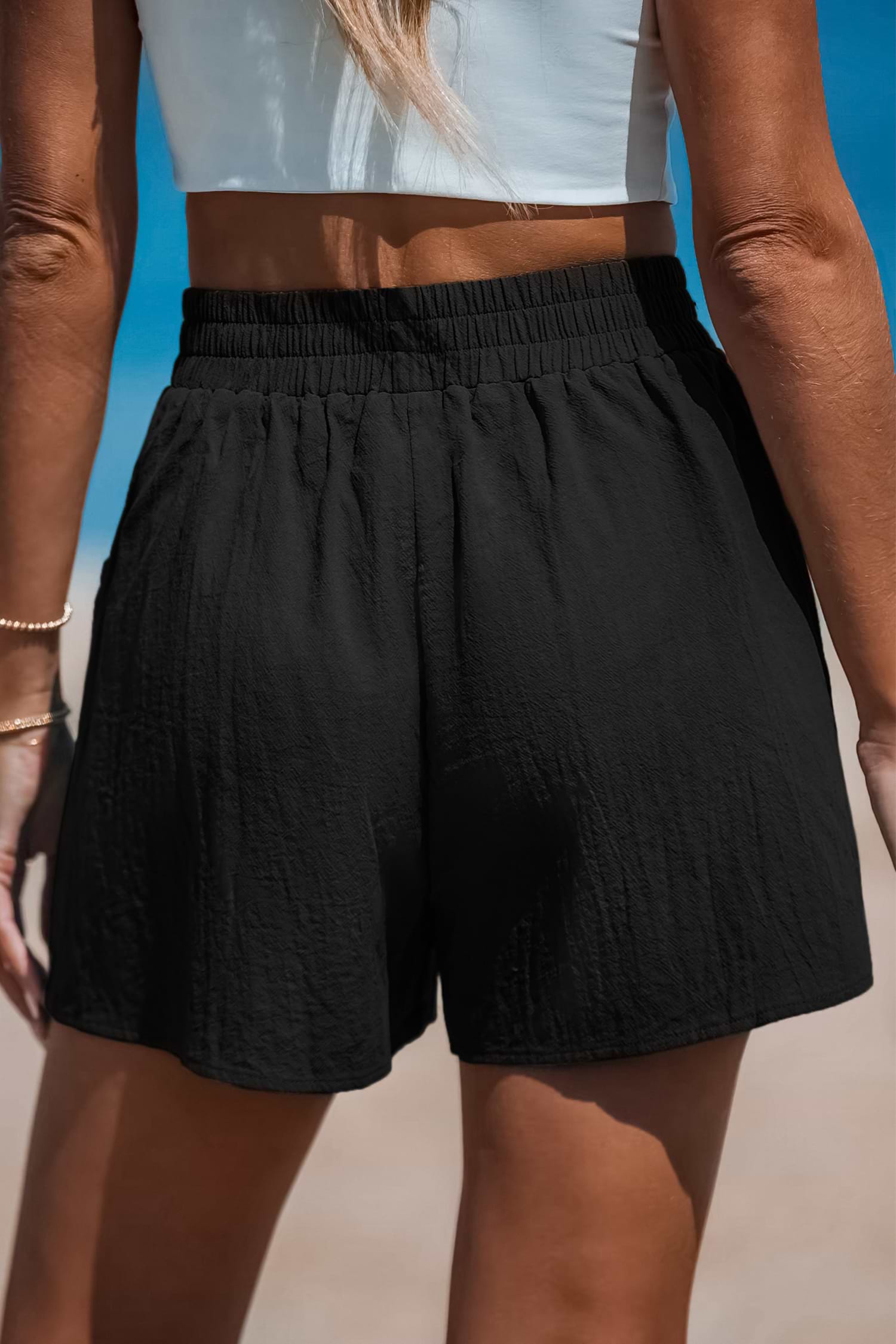 Black Cotton Wide Leg Shorts with Elastic Waist for Beach Days