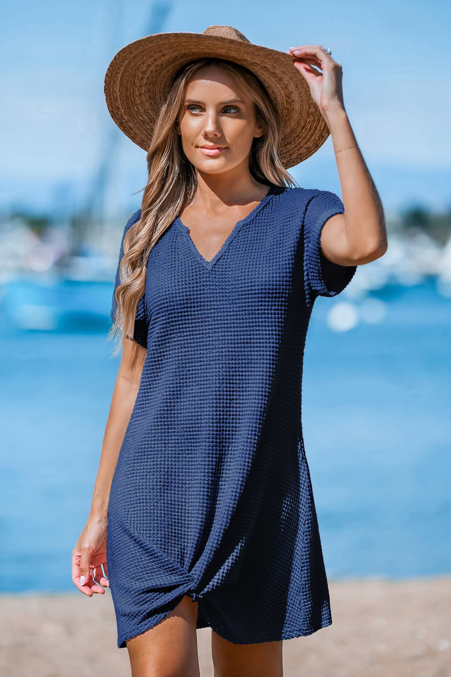 【スタイルUP☆】CUPSHE ドルマンスリーブカジュアルミニドレス Easy Twist Blue Cover-Up Mini Dress