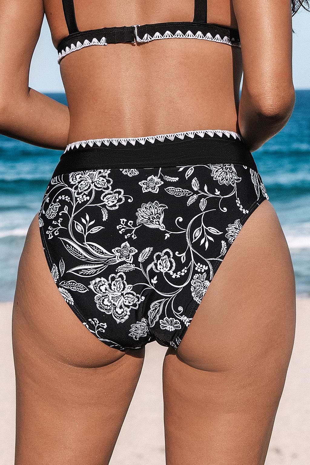 Monochrome Magic Vine High Waist Banded Bikini Bottoms