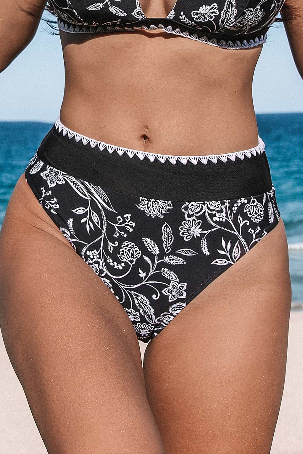 Monochrome Magic Vine High Waist Banded Bikini Bottoms