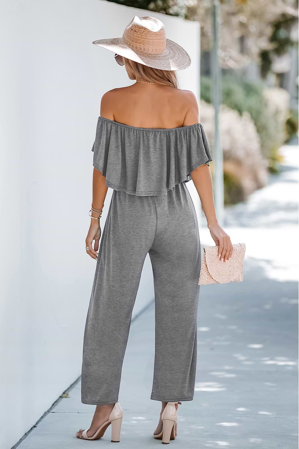 Grey Short Sleeve Off-the-Shoulder Jumpsuit